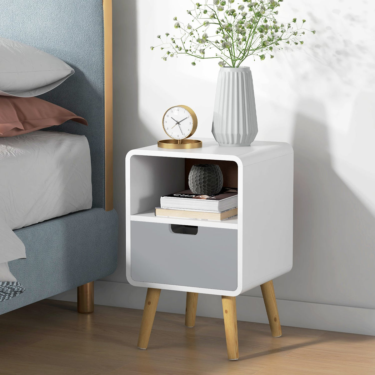 Bedside Table With Drawer And Open Compartment, Side Table, White, 40X38X58Cm