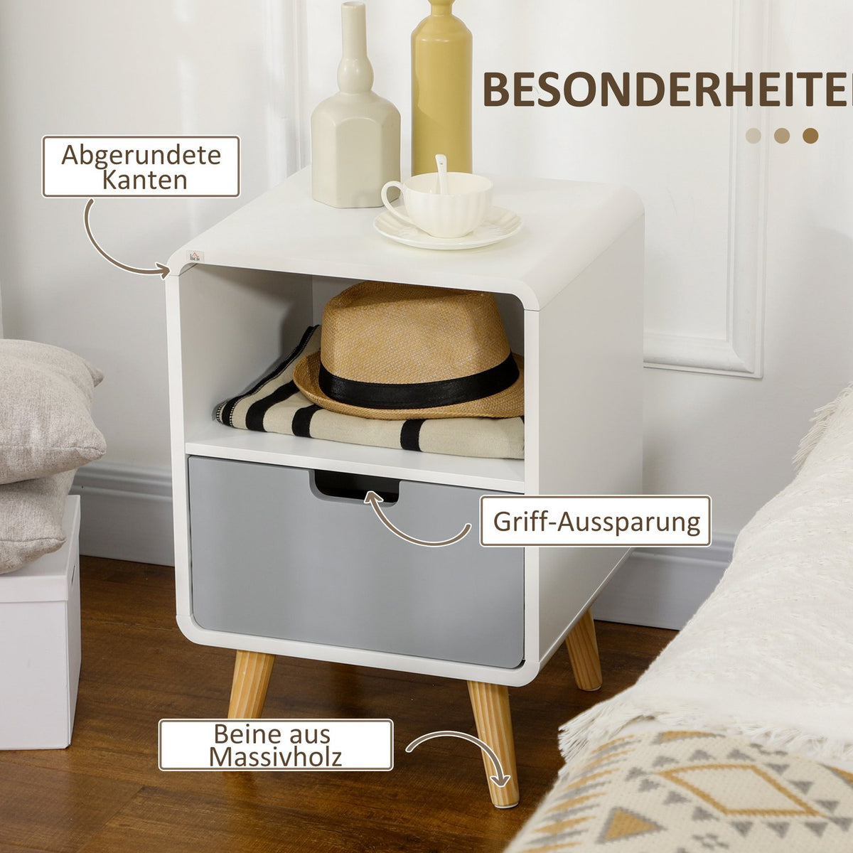 Bedside Table With Drawer And Open Compartment, Side Table, White, 40X38X58Cm