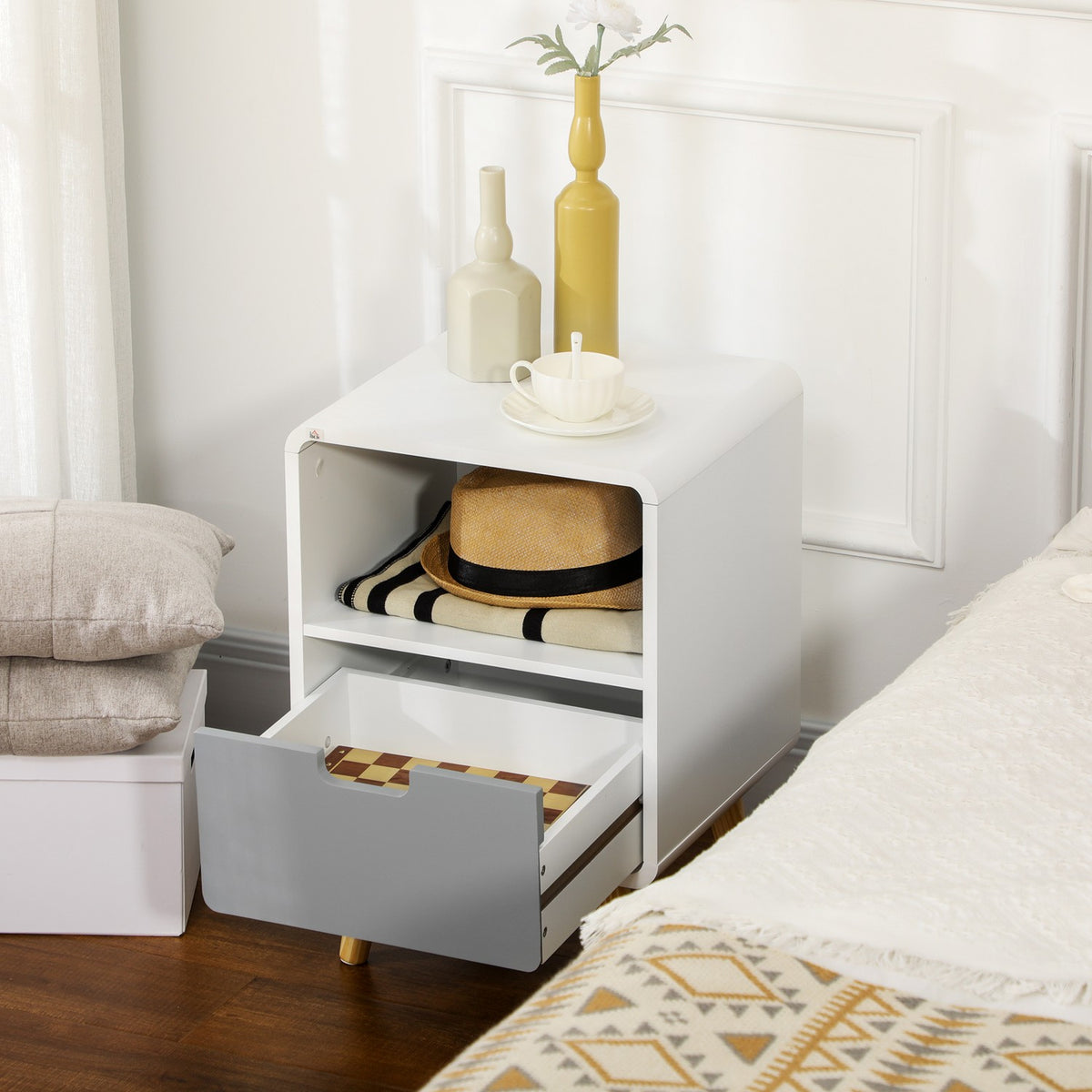 Bedside Table With Drawer And Open Compartment, Side Table, White, 40X38X58Cm