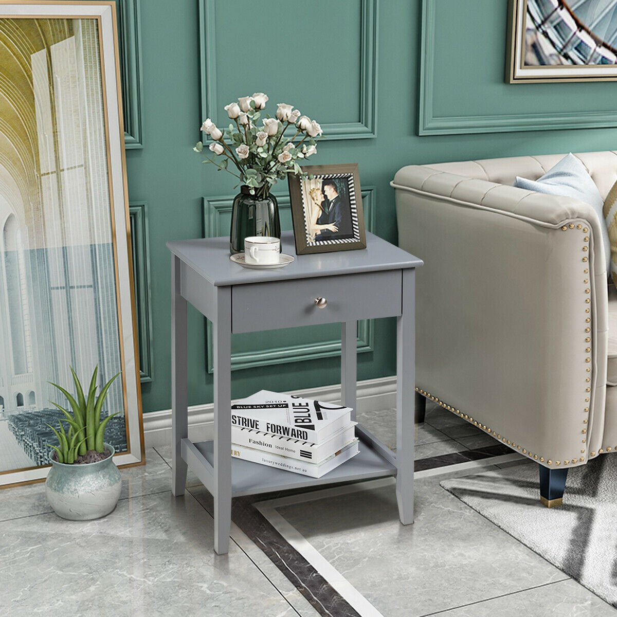 Bedside Table With Drawer and Shelf, Gray MDF