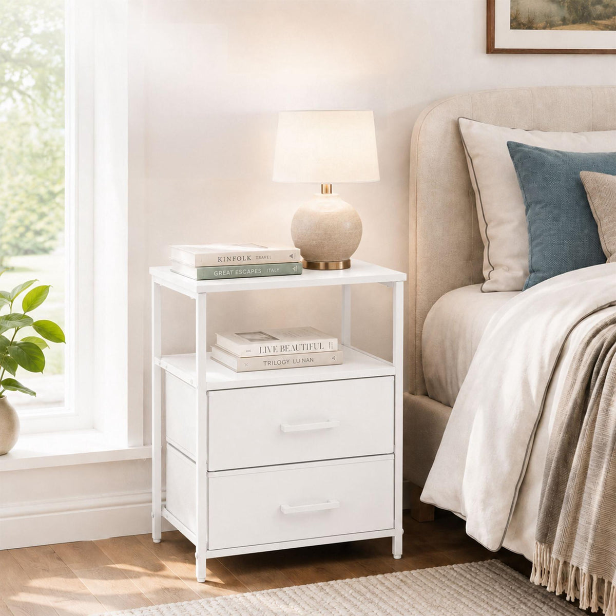 Bedside Table with 2 Fabric Drawers & Shelves, MDF/Metal