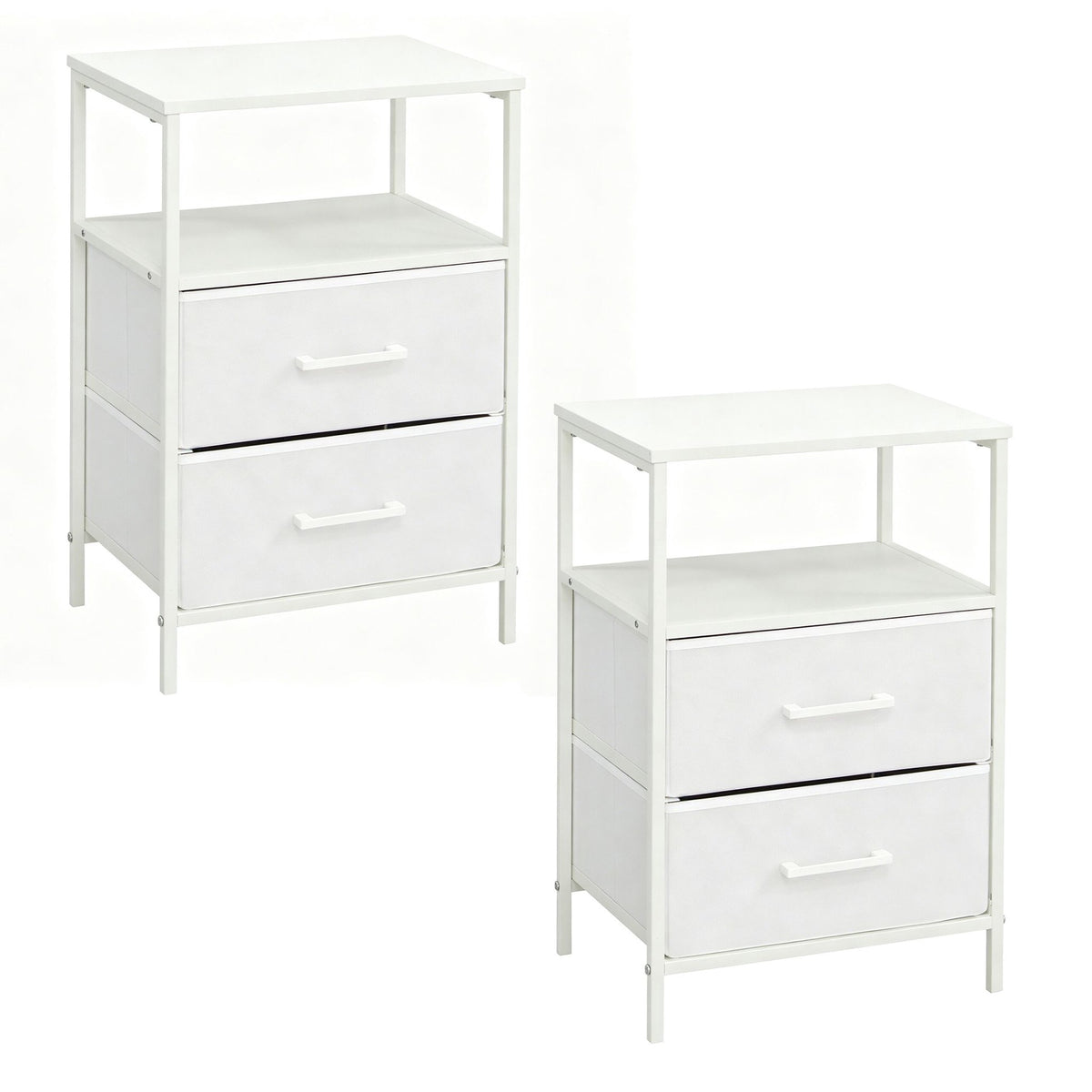Bedside Table with 2 Fabric Drawers & Shelves, MDF/Metal