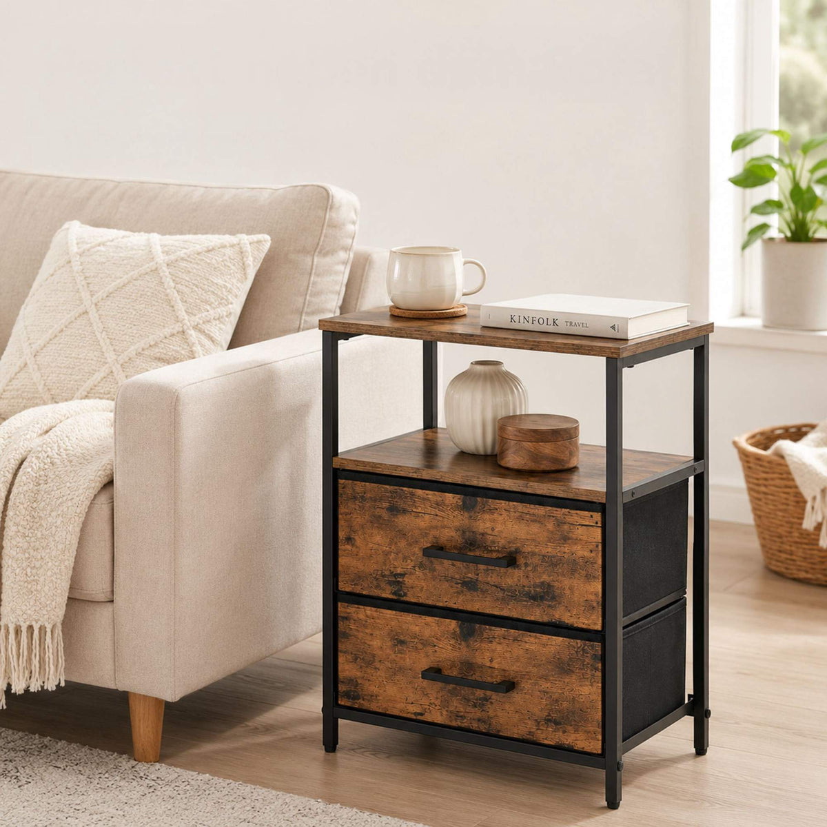 Bedside Table with 2 Fabric Drawers and Shelves, MDF/Metal