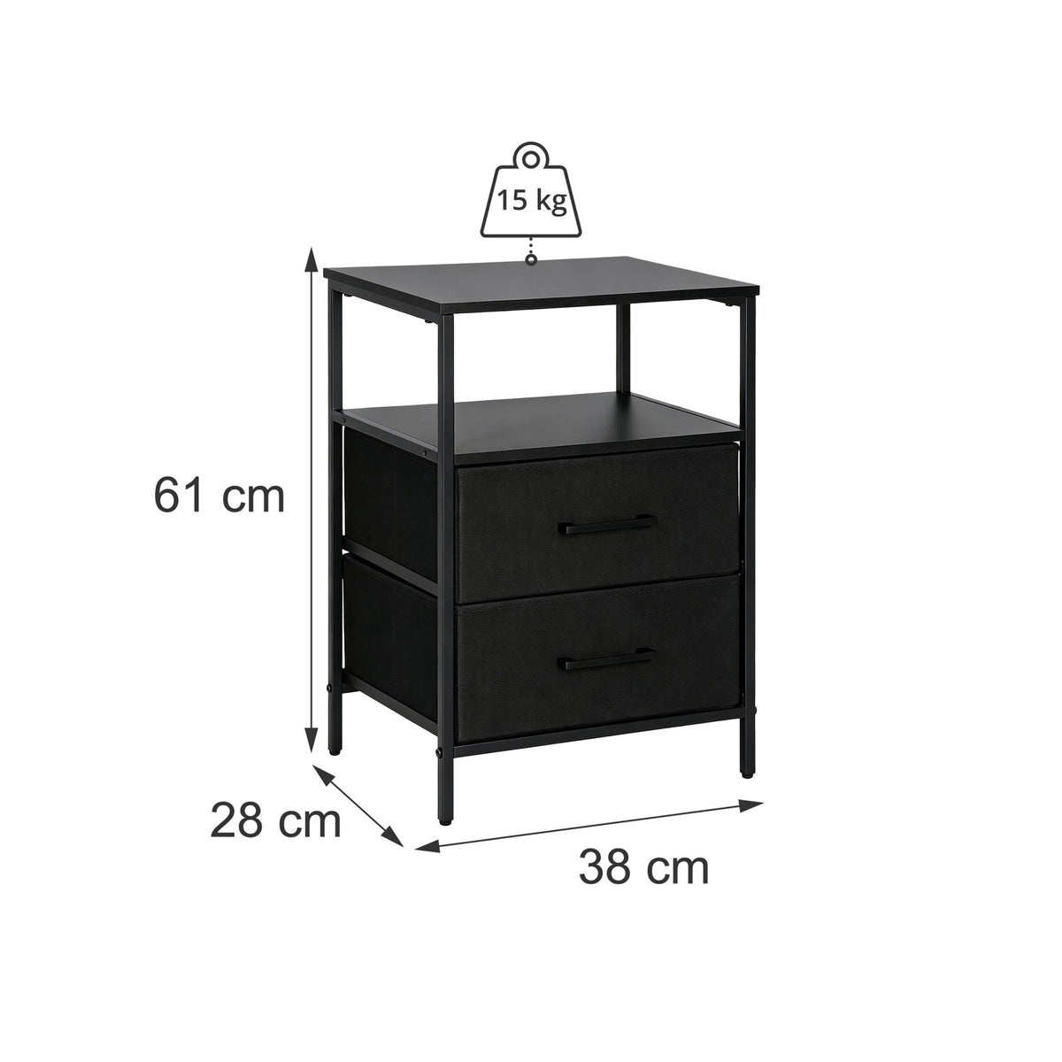 Bedside Table with 2 Fabric Drawers and Shelves, MDF & Metal