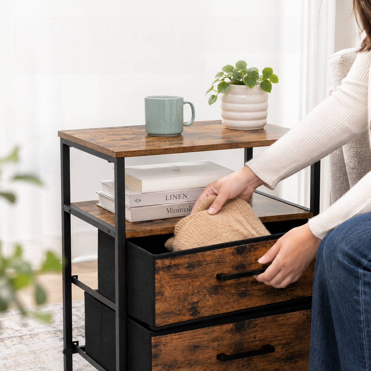 Bedside Table with 2 Fabric Drawers and Shelves, MDF/Metal
