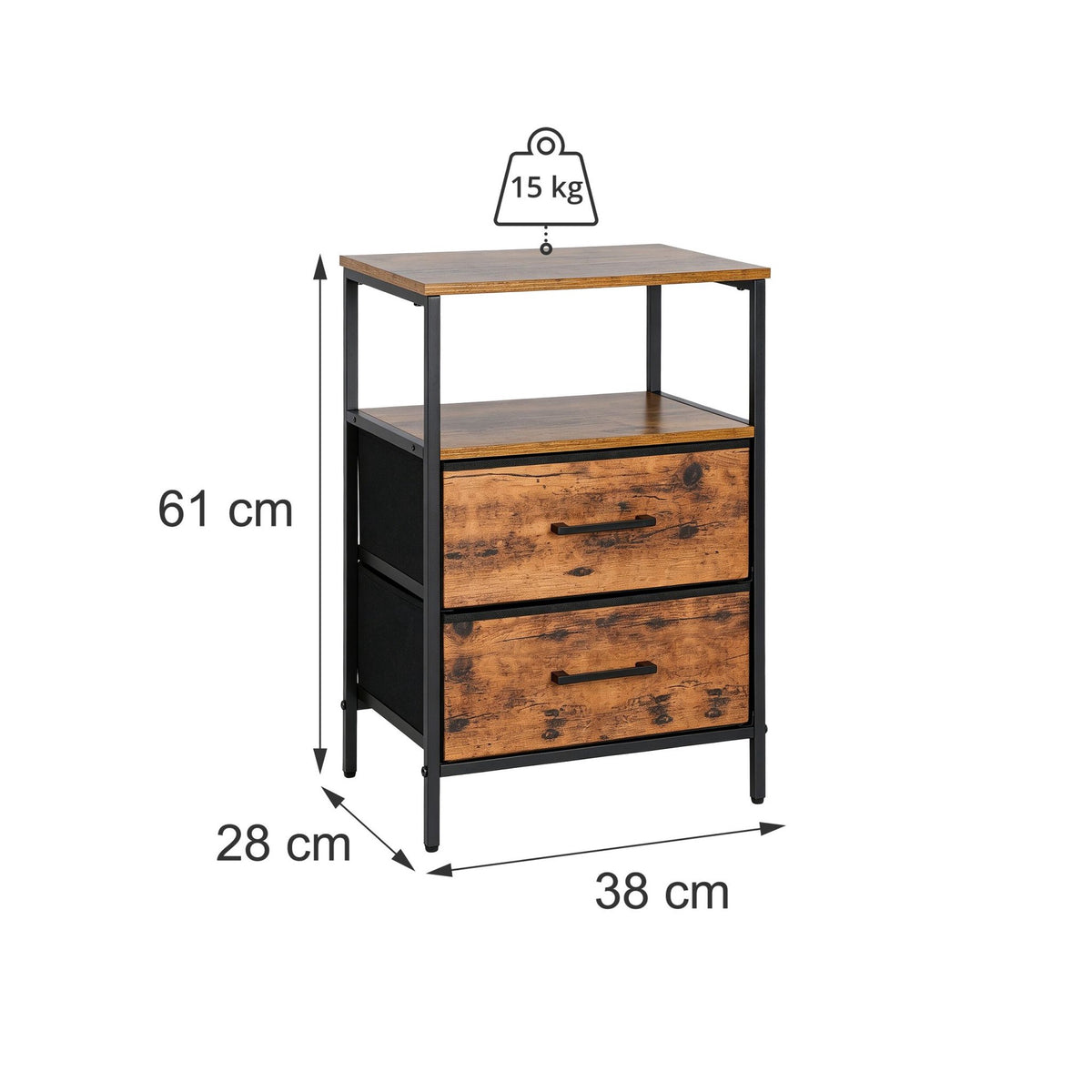 Bedside Table with 2 Fabric Drawers and Shelves, MDF/Metal