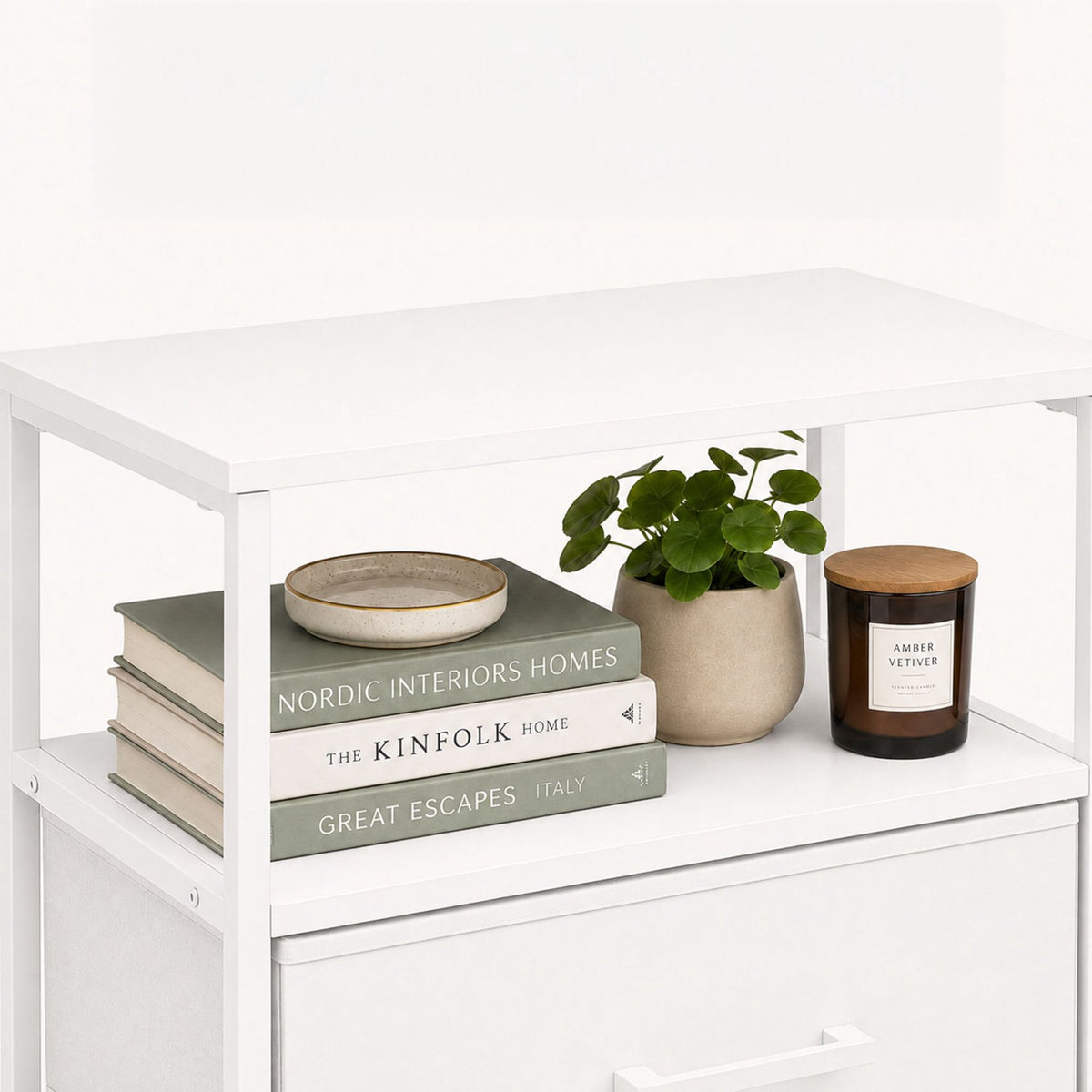 Bedside Table with 2 Fabric Drawers and Shelves, MDF & Metal