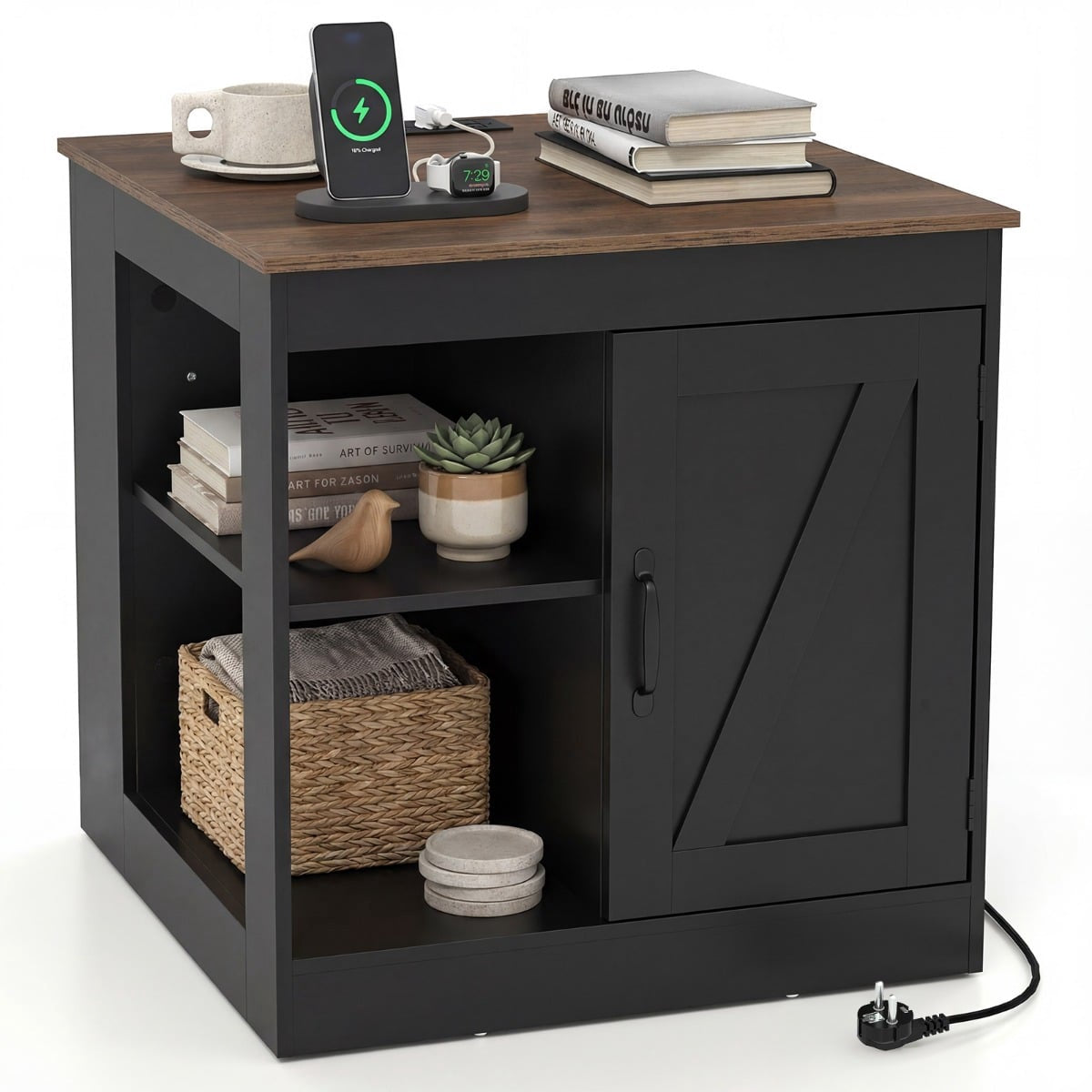 Bedside Table with Charging Station & Adjustable Shelf