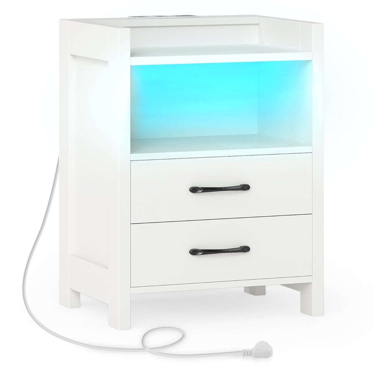 Bedside Table with LED Lights & Charging Station, 2 Drawers