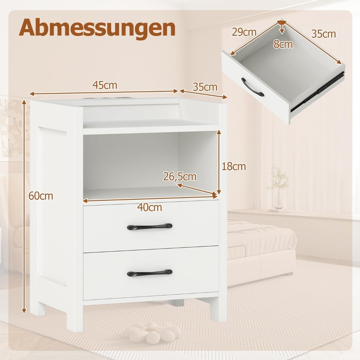 Bedside Table with LED Lights & Charging Station, 2 Drawers