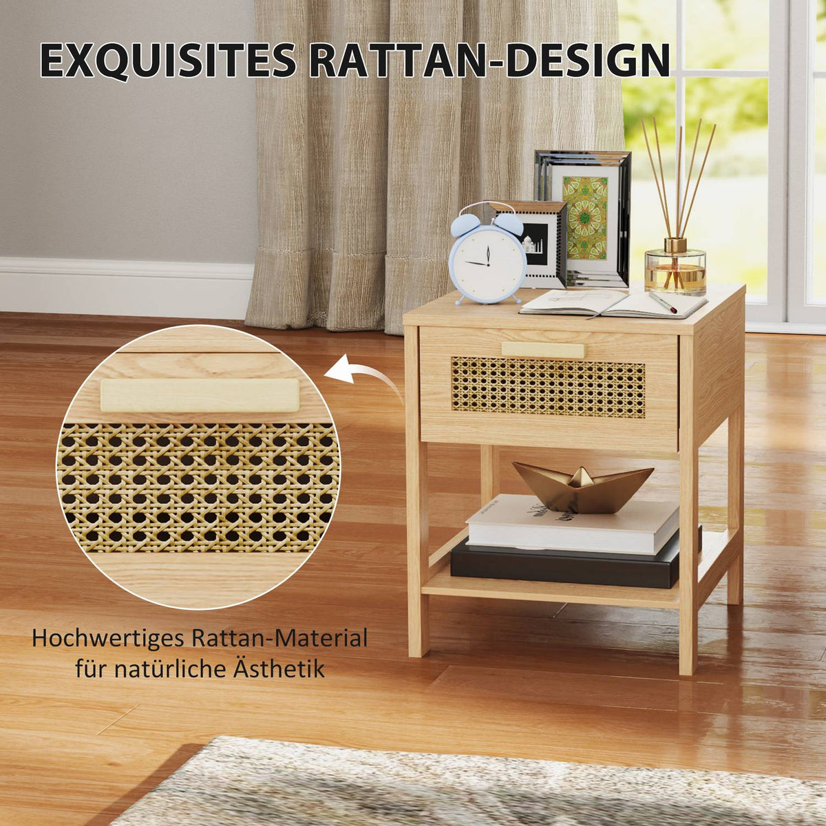 Bedside table bedside table natural night dresser with drawer open shelf rattan design natural 40 x 40 x 48.4 cm