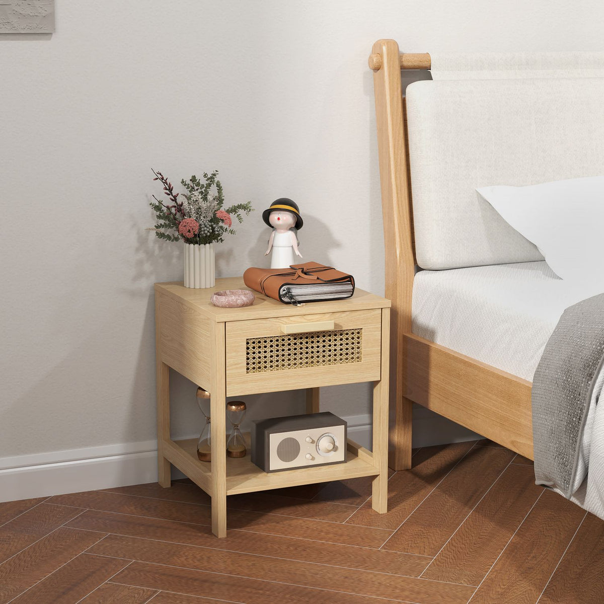 Bedside table bedside table natural night dresser with drawer open shelf rattan design natural 40 x 40 x 48.4 cm