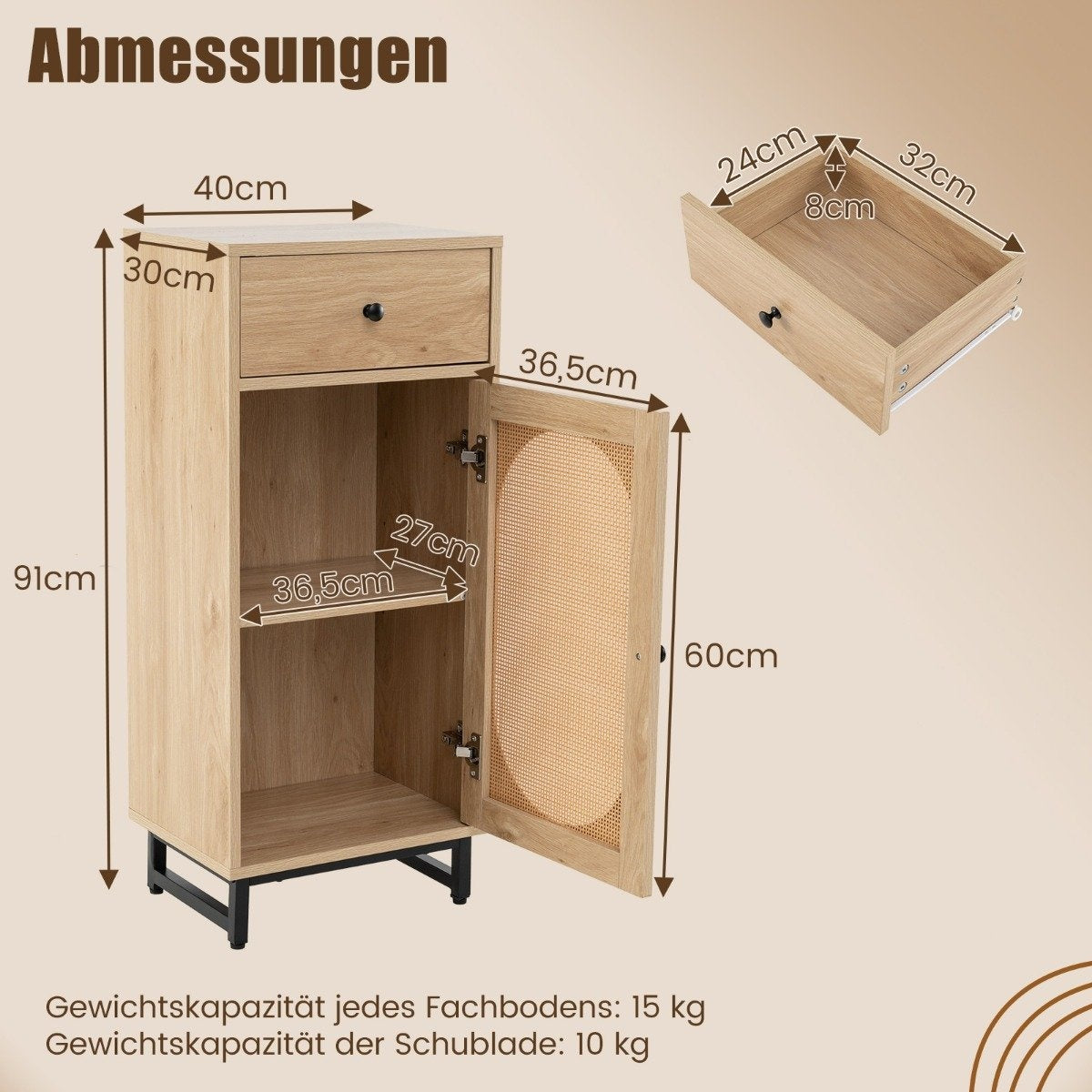 Bedside table rattan with door & drawer Boho side table with adjustable shelf 40 x 30 x 91cm natural