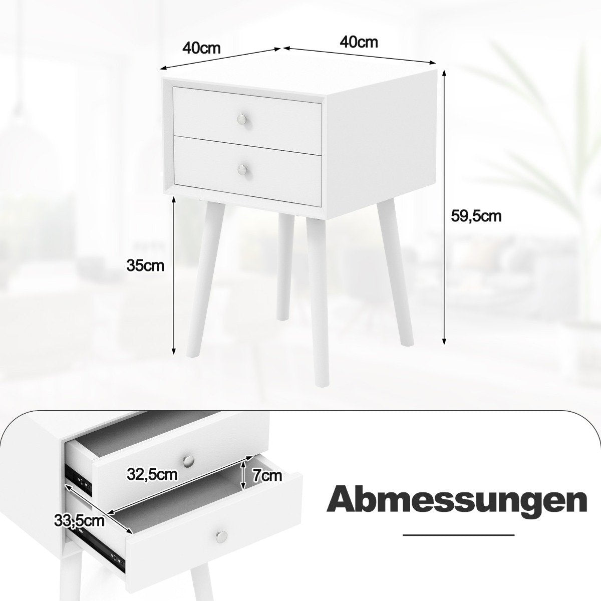 Bedside table with 2 drawers Small wooden side table 40 x 40 x 59.5 cm white