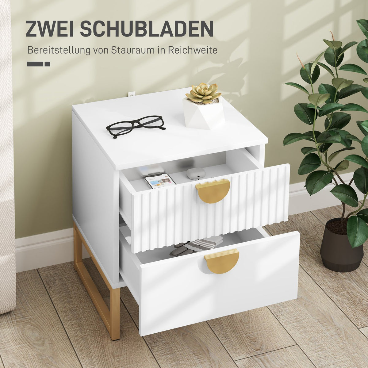 Bedside table with 2 drawers, side table, bedside table with gold-look handles, bedside table for bedroom, living room, 40 x 40 x 50 cm, white