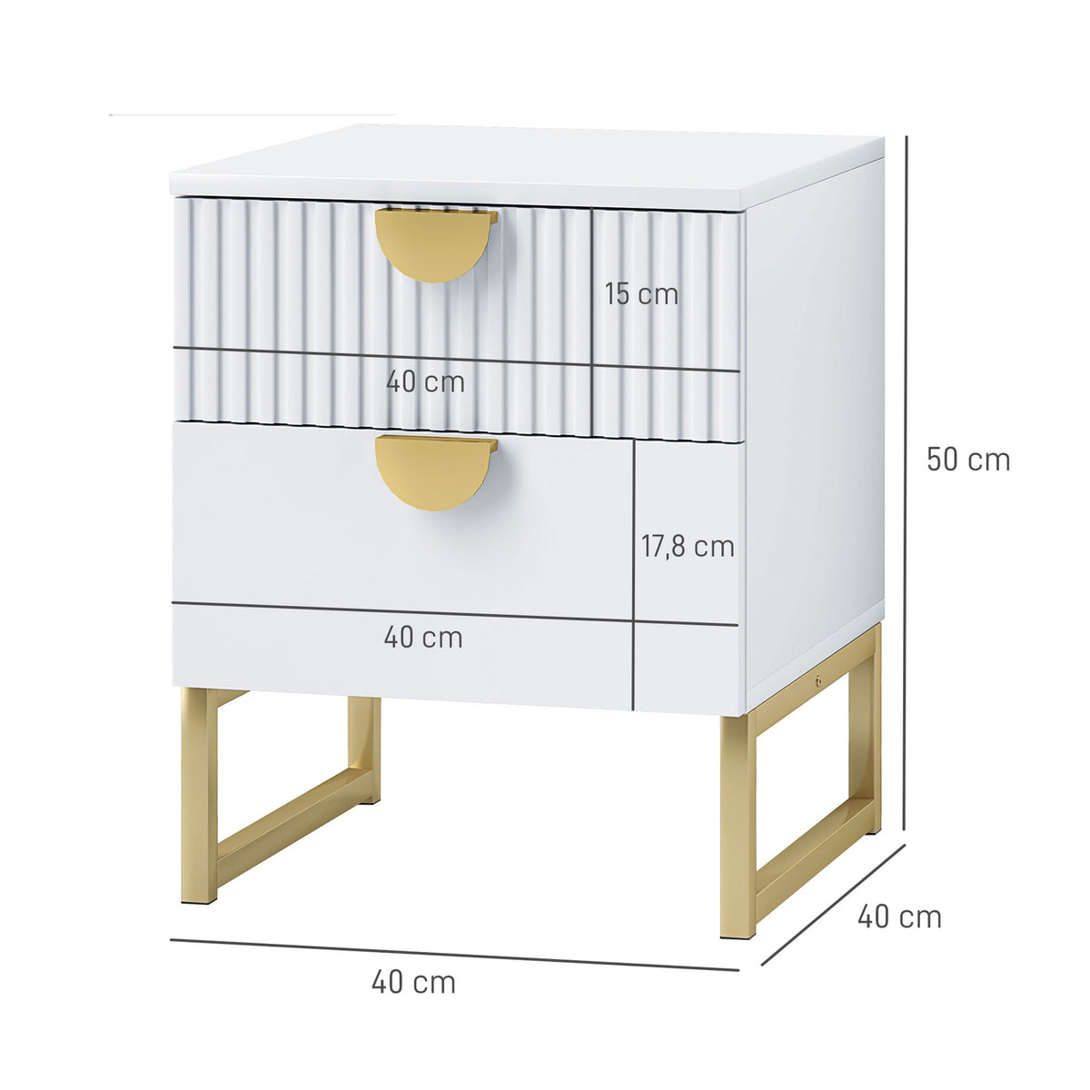 Bedside table with 2 drawers, side table, bedside table with gold-look handles, bedside table for bedroom, living room, 40 x 40 x 50 cm, white