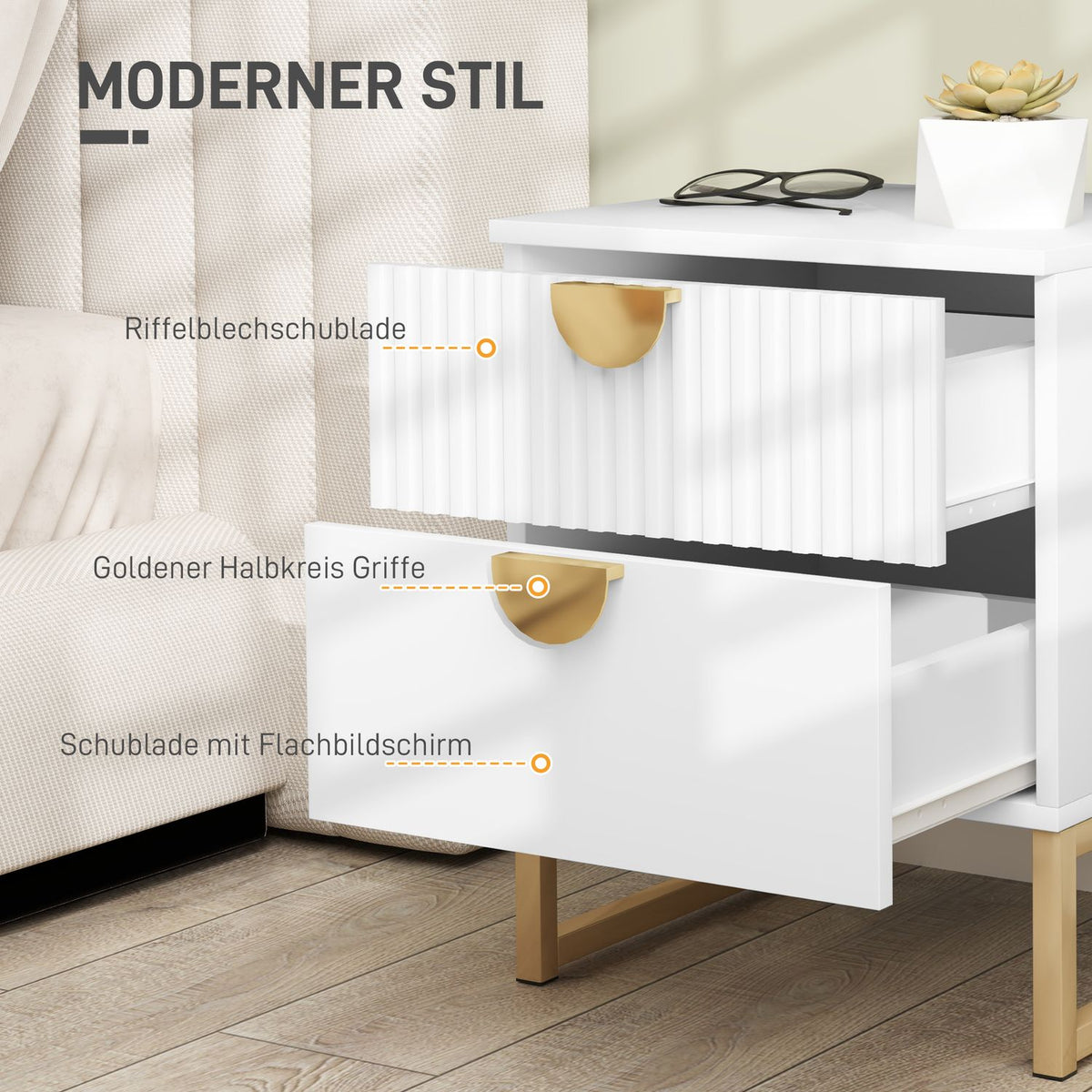 Bedside table with 2 drawers, side table, bedside table with gold-look handles, bedside table for bedroom, living room, 40 x 40 x 50 cm, white