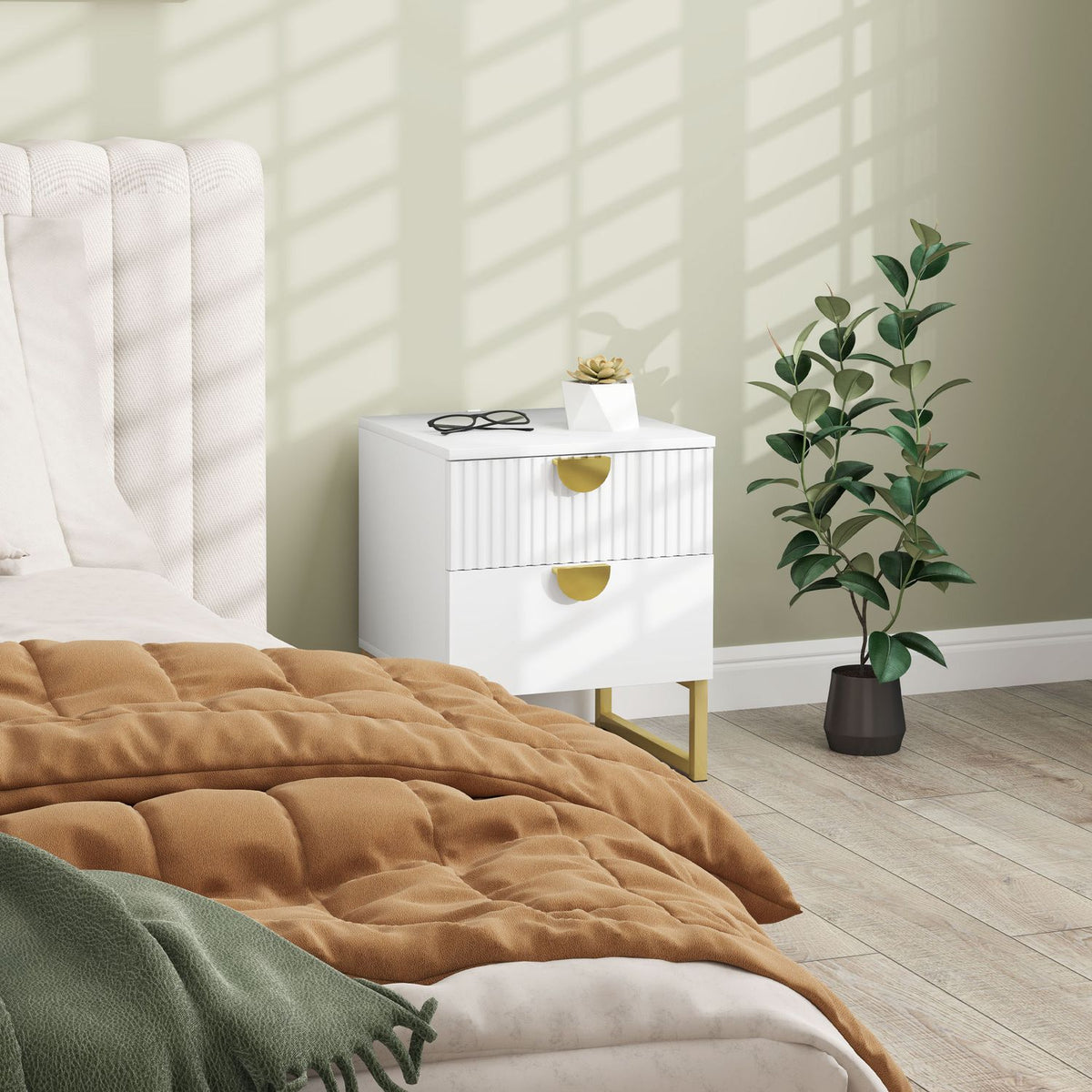 Bedside table with 2 drawers, side table, bedside table with gold-look handles, bedside table for bedroom, living room, 40 x 40 x 50 cm, white