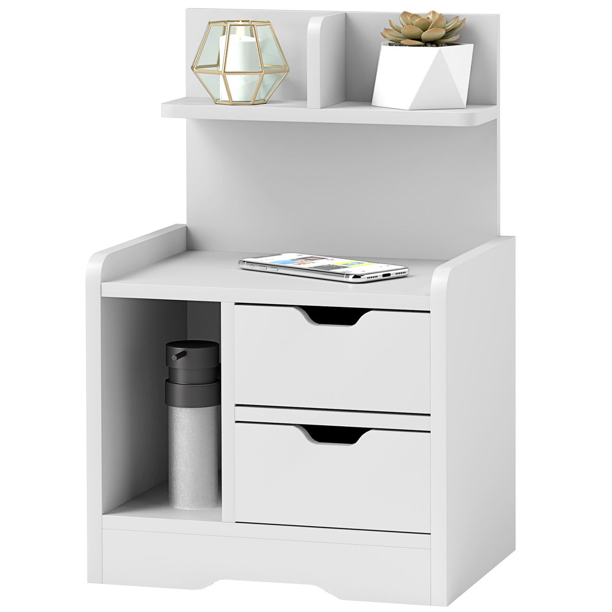 Bedside table with 2 drawers, side table, bedside table with open shelf, bedside table for bedroom, living room, 40 x 30 x 60 cm, white