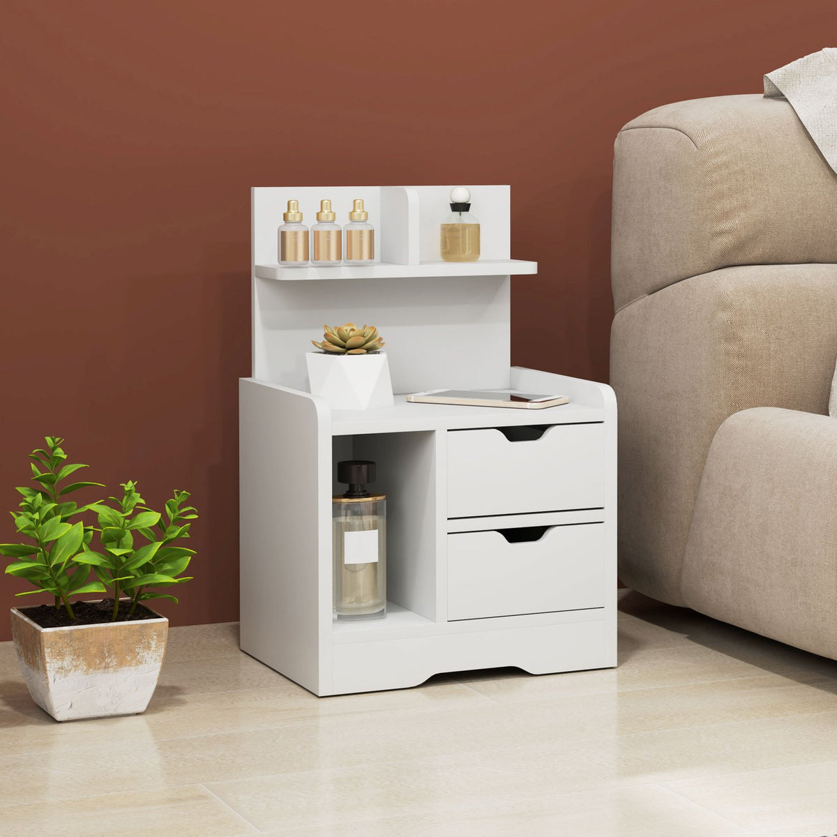 Bedside table with 2 drawers, side table, bedside table with open shelf, bedside table for bedroom, living room, 40 x 30 x 60 cm, white