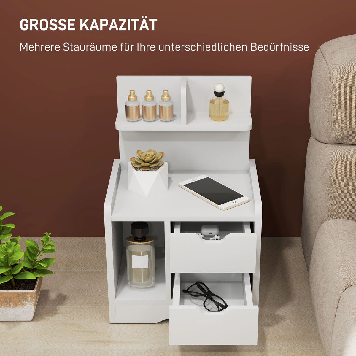 Bedside table with 2 drawers, side table, bedside table with open shelf, bedside table for bedroom, living room, 40 x 30 x 60 cm, white