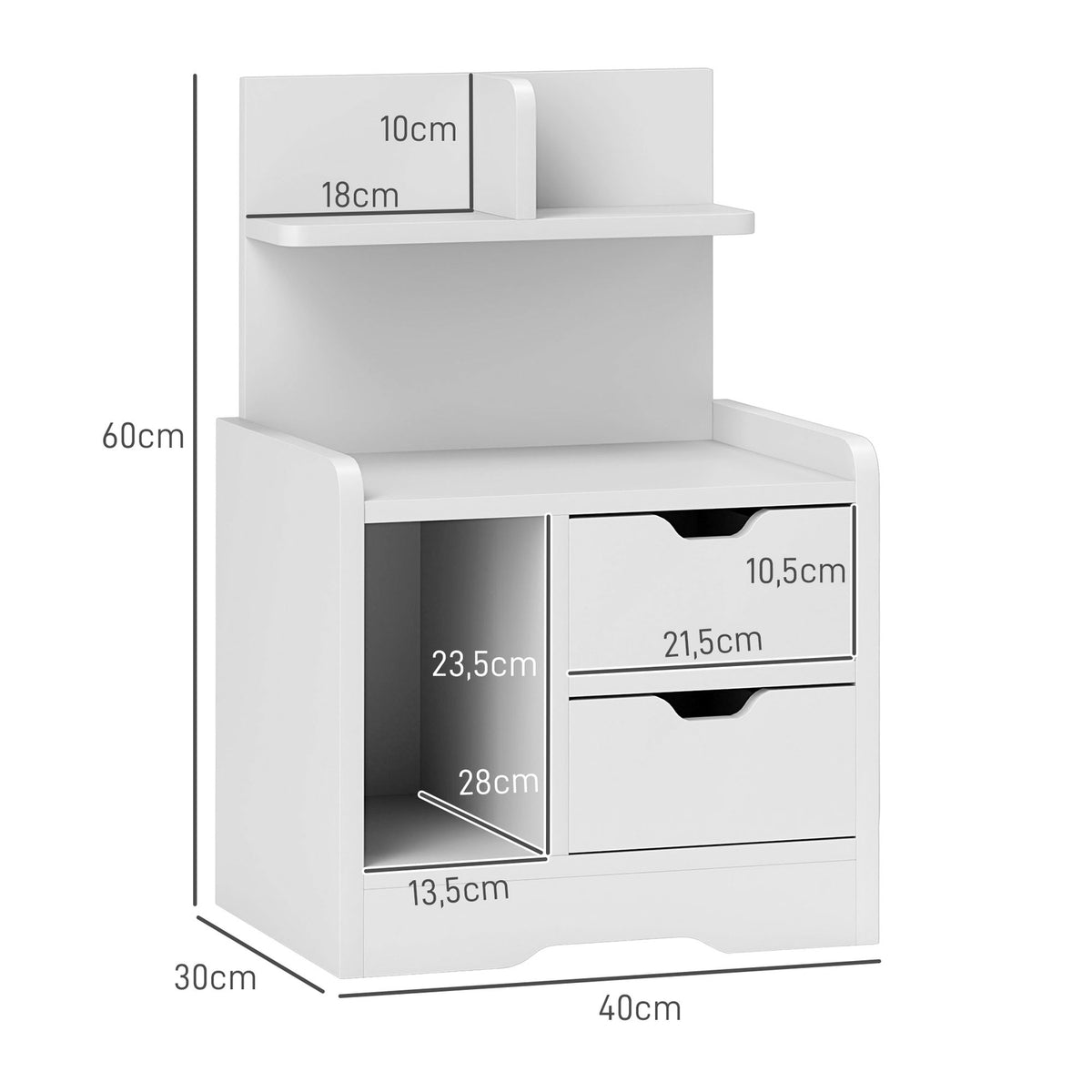 Bedside table with 2 drawers, side table, bedside table with open shelf, bedside table for bedroom, living room, 40 x 30 x 60 cm, white