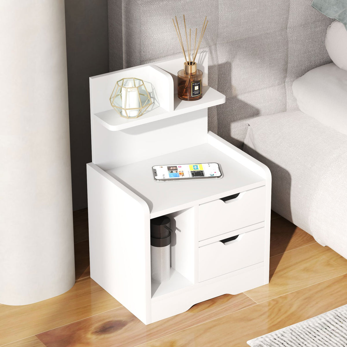 Bedside table with 2 drawers, side table, bedside table with open shelf, bedside table for bedroom, living room, 40 x 30 x 60 cm, white