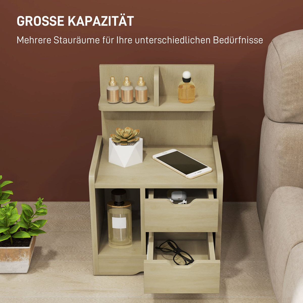 Bedside table with 2 drawers, side table, nightstand with open shelf, nightstand for bedroom, living room, 40 x 30 x 60 cm, natural wood