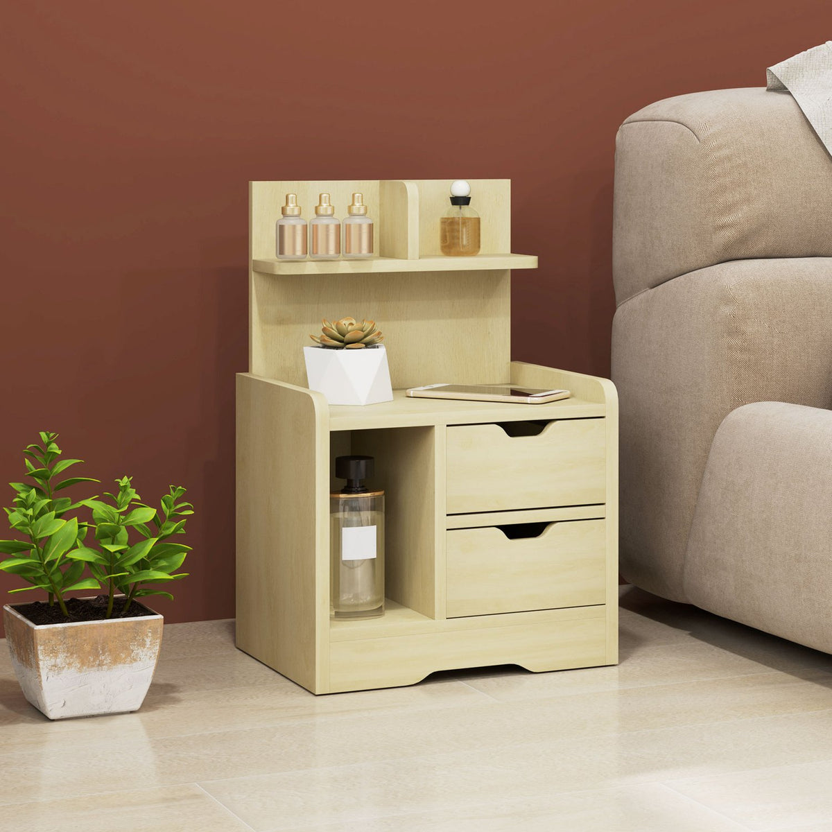Bedside table with 2 drawers, side table, nightstand with open shelf, nightstand for bedroom, living room, 40 x 30 x 60 cm, natural wood