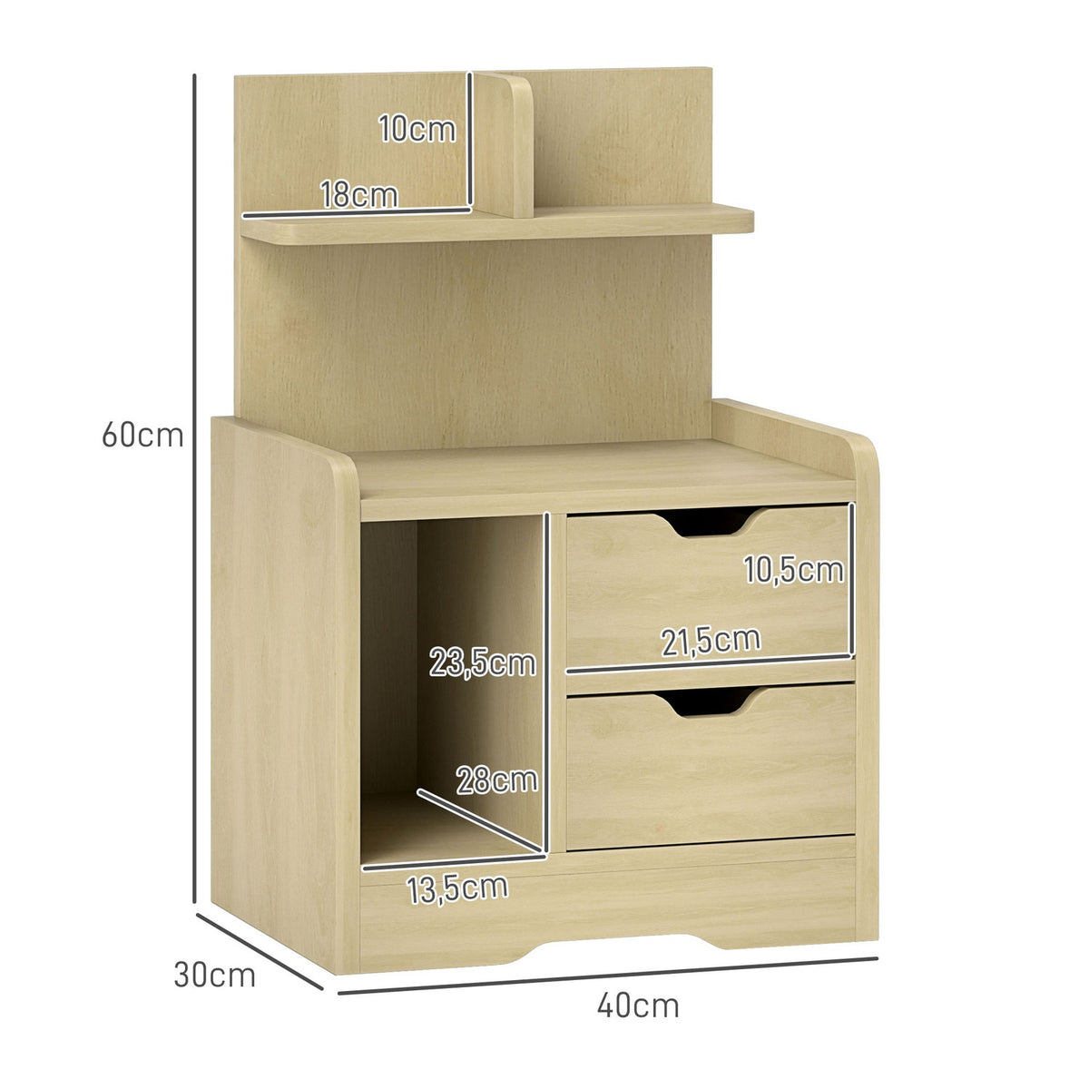 Bedside table with 2 drawers, side table, nightstand with open shelf, nightstand for bedroom, living room, 40 x 30 x 60 cm, natural wood