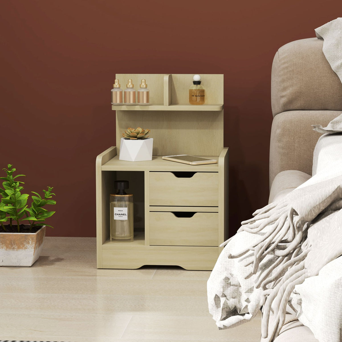 Bedside table with 2 drawers, side table, nightstand with open shelf, nightstand for bedroom, living room, 40 x 30 x 60 cm, natural wood