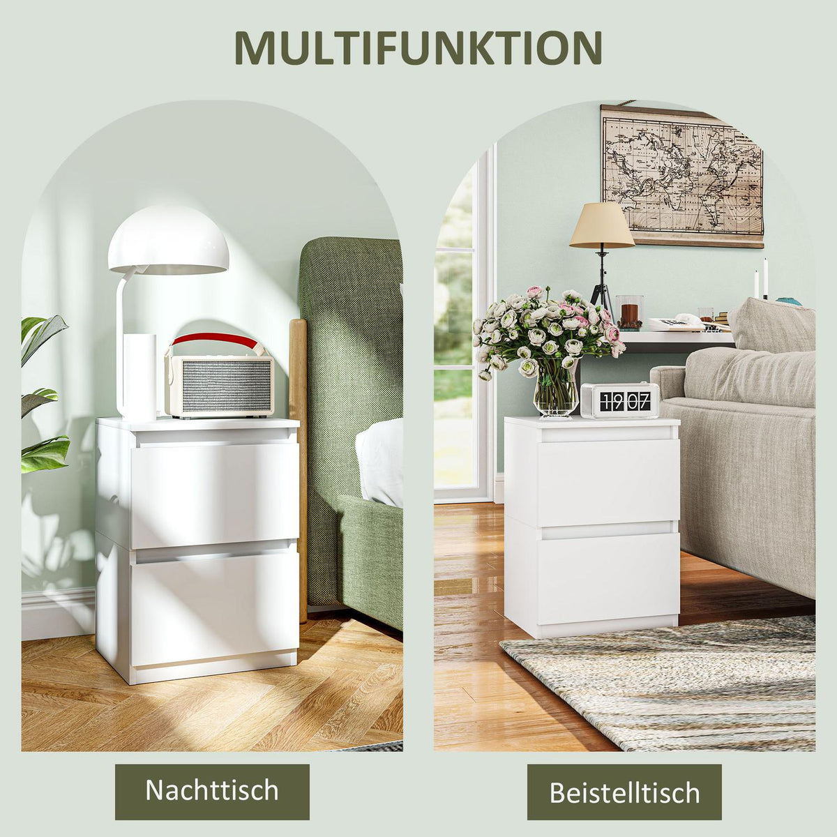 Bedside table with 2 drawers, side table, nightstand with storage space, nightstand for bedroom, living room, approx. 40 x 32 x 56 cm, white