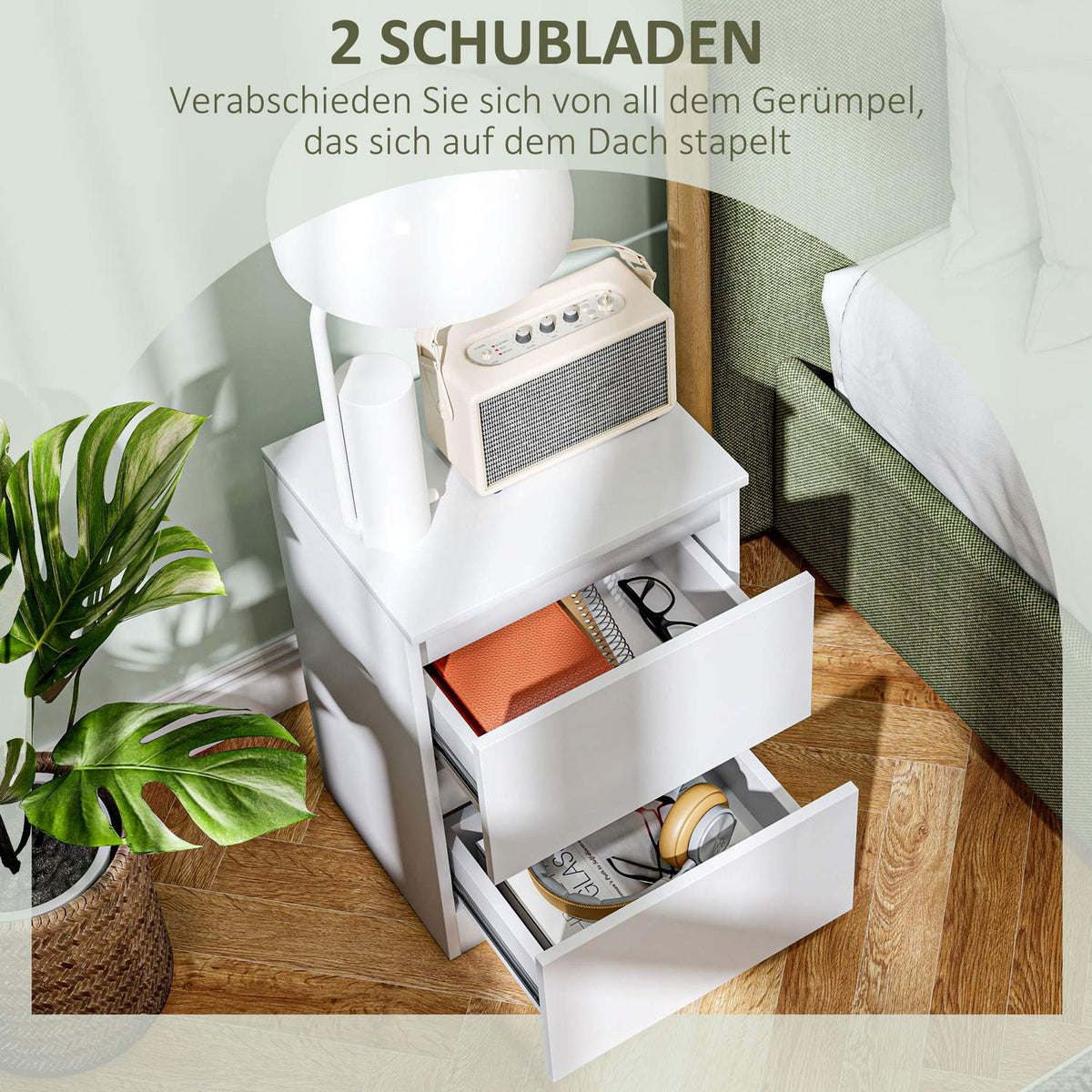 Bedside table with 2 drawers, side table, nightstand with storage space, nightstand for bedroom, living room, approx. 40 x 32 x 56 cm, white