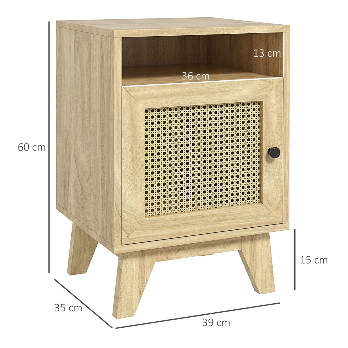 Bedside table with cupboard, storage compartment, side table with rat look for living room, bedroom, 39 x 35 x 60 cm, natural