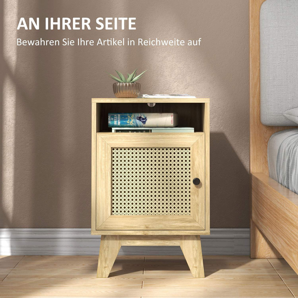 Bedside table with cupboard, storage compartment, side table with rat look for living room, bedroom, 39 x 35 x 60 cm, natural