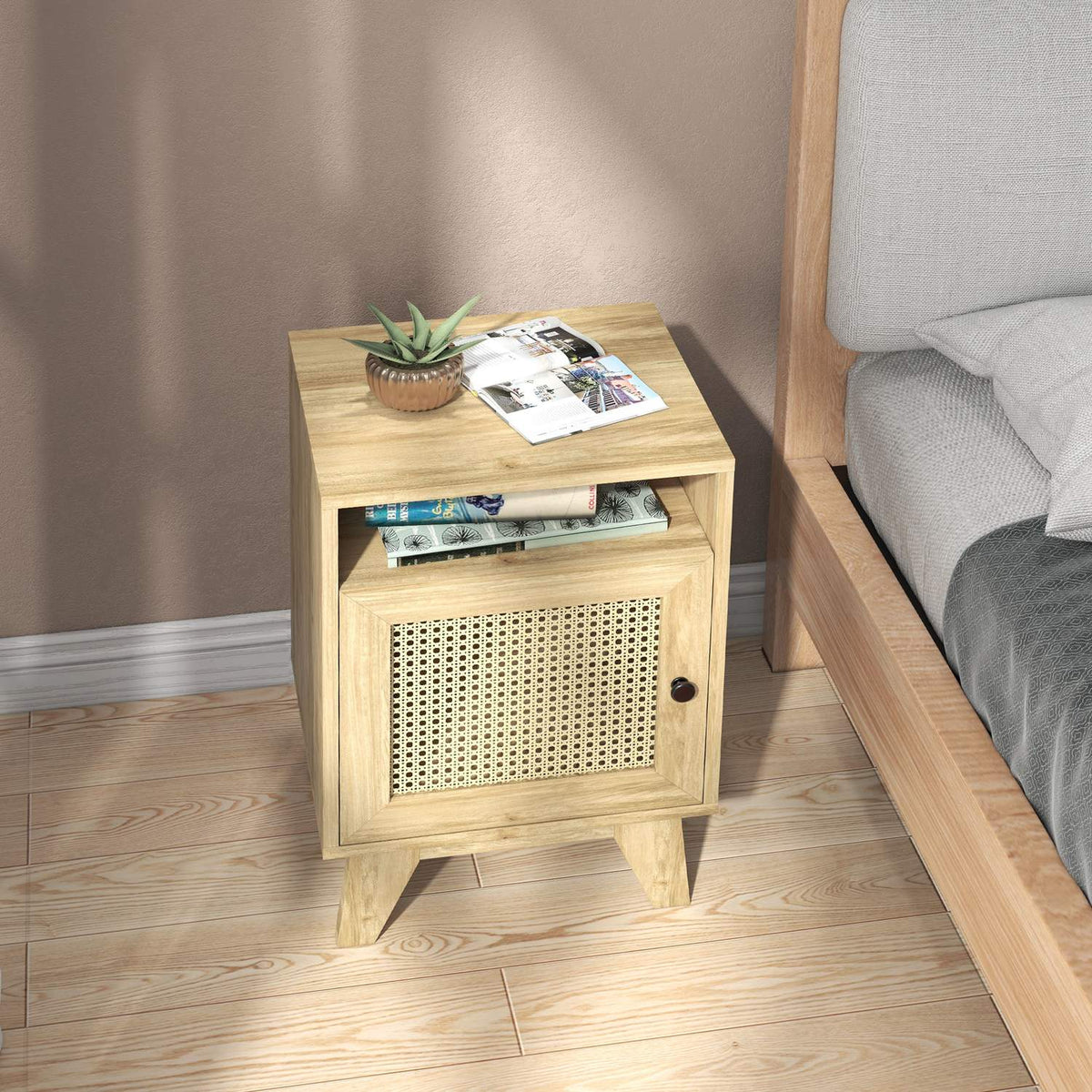 Bedside table with cupboard, storage compartment, side table with rat look for living room, bedroom, 39 x 35 x 60 cm, natural