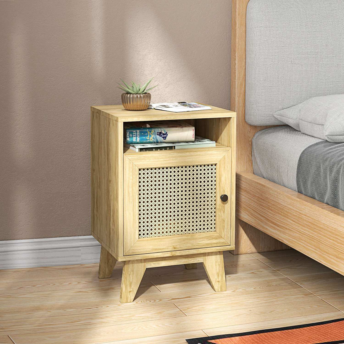 Bedside table with cupboard, storage compartment, side table with rat look for living room, bedroom, 39 x 35 x 60 cm, natural