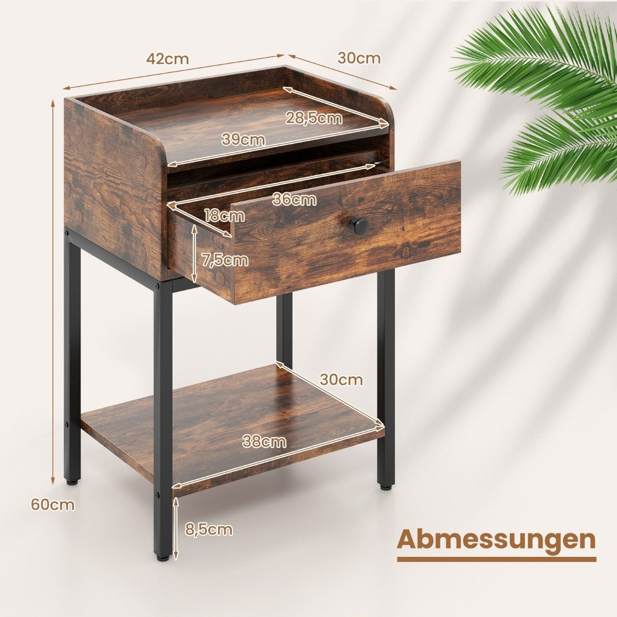 Bedside table with drawer Side table with open shelf 42 x 30 x 60 cm Rustic brown