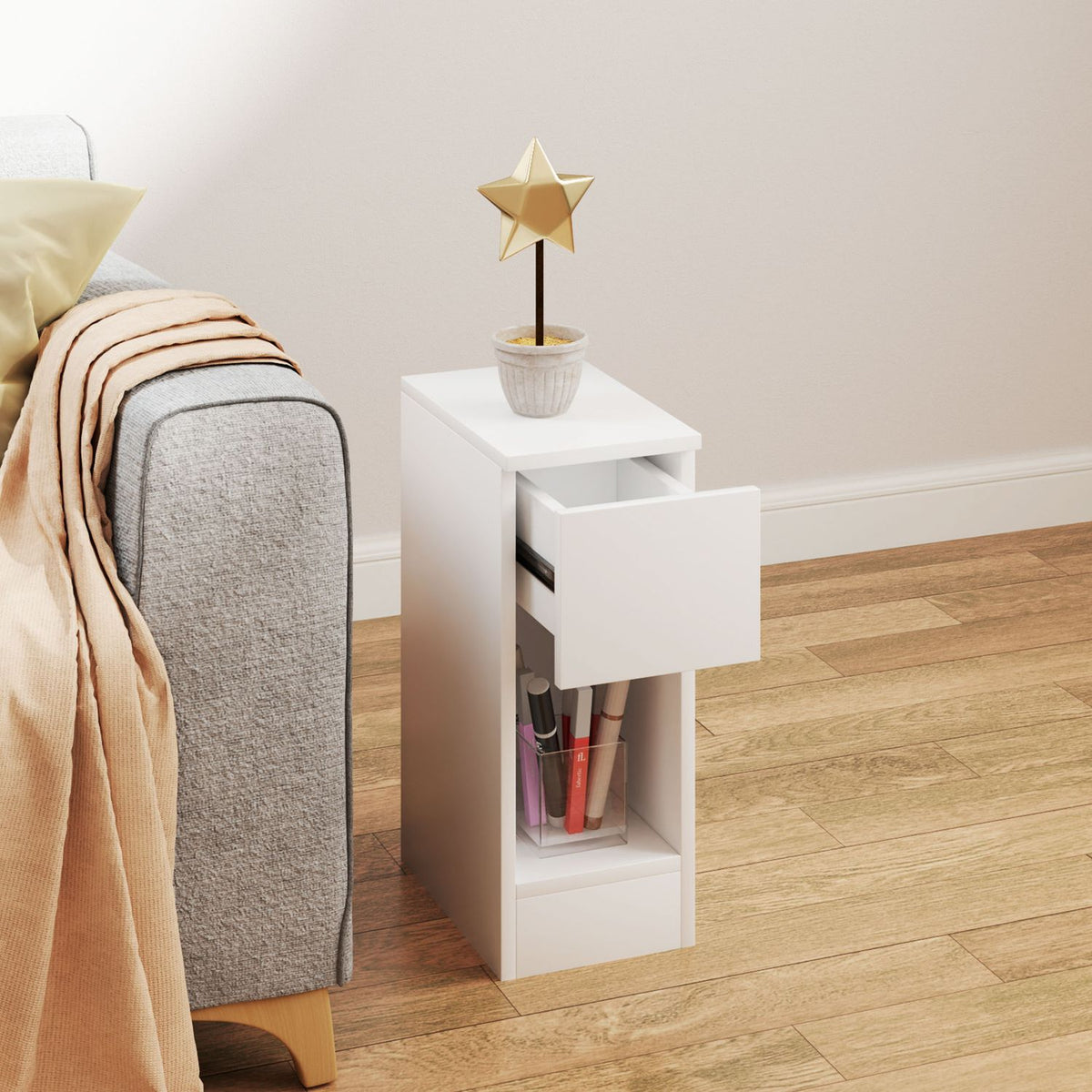 Bedside table with drawers, side table, nightstand with open compartment, bedside table for bedroom, living room, 20 x 30 x 50 cm, white