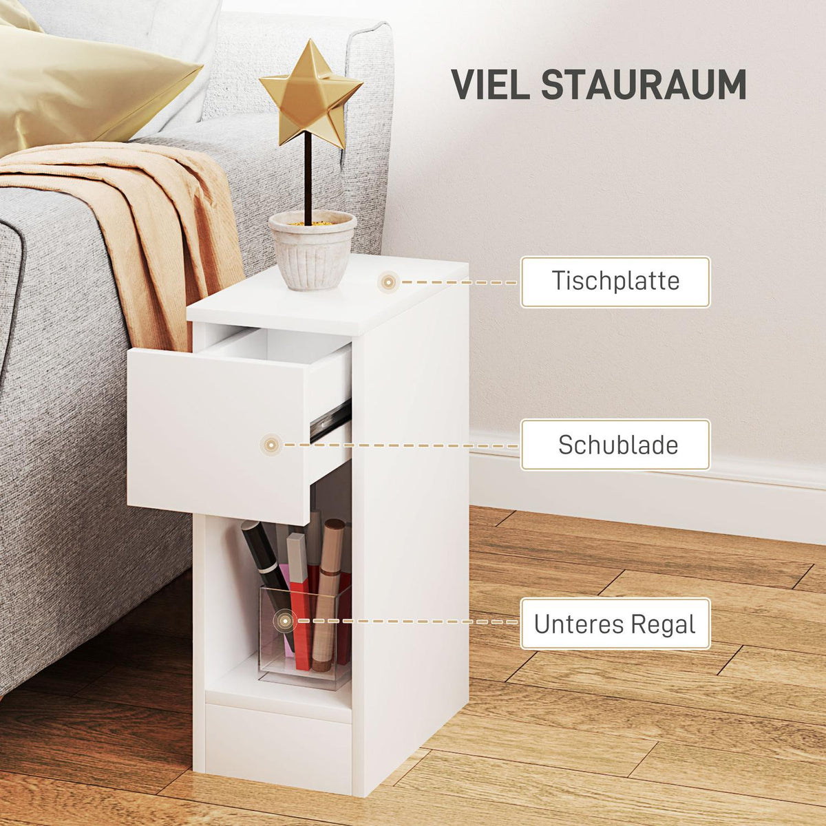 Bedside table with drawers, side table, nightstand with open compartment, bedside table for bedroom, living room, 20 x 30 x 50 cm, white