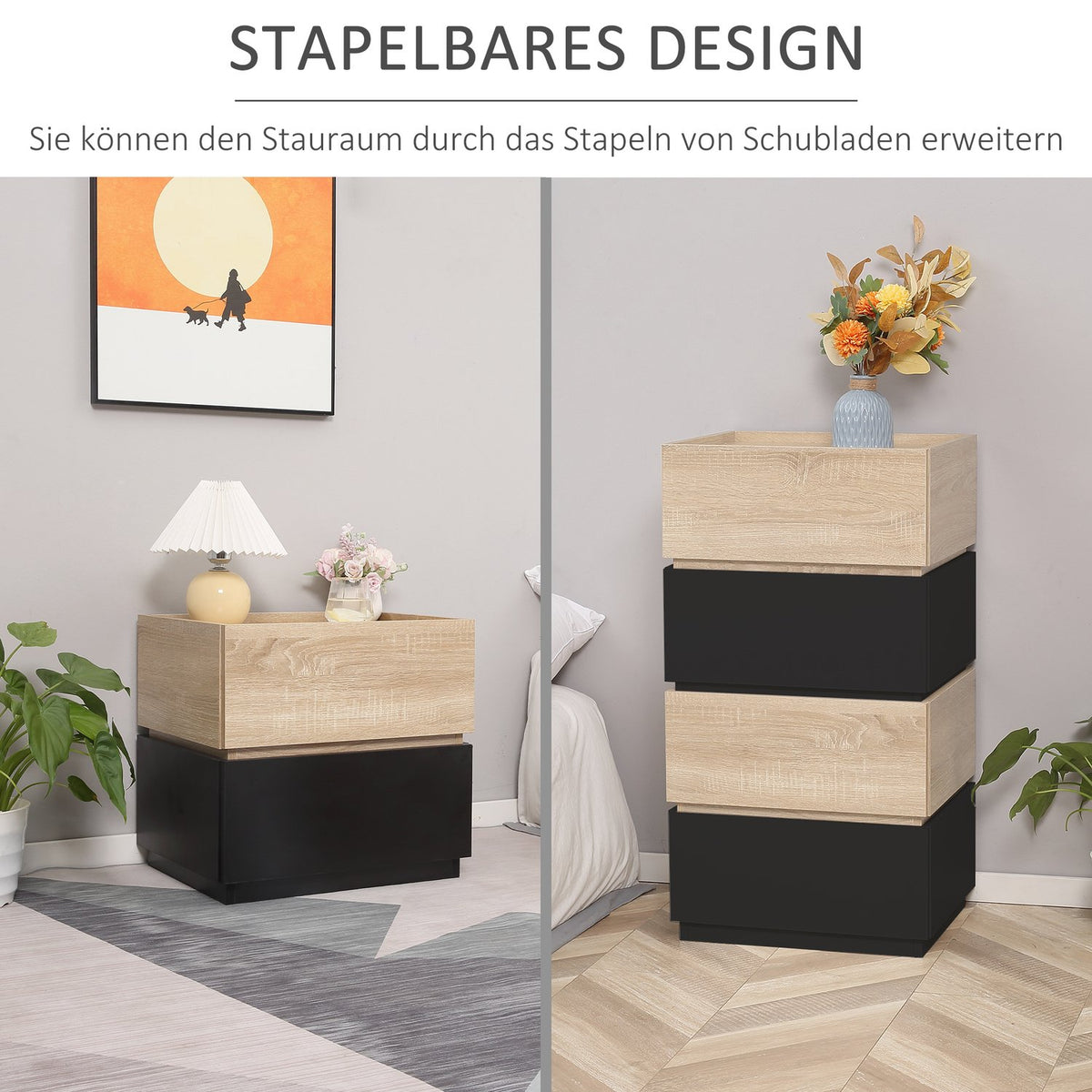 Bedside table with drawer, stackable nightstand, drawer cabinet, bedroom nightstand, chipboard, black + natural, 50 x 40 x 47.5 cm