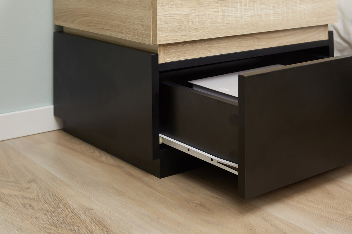 Bedside table with drawer, stackable nightstand, drawer cabinet, bedroom nightstand, chipboard, black + natural, 50 x 40 x 47.5 cm