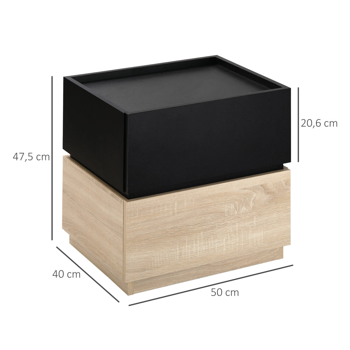 Bedside table with drawer, stackable nightstand, drawer cabinet, bedroom nightstand, chipboard, black + natural, 50 x 40 x 47.5 cm
