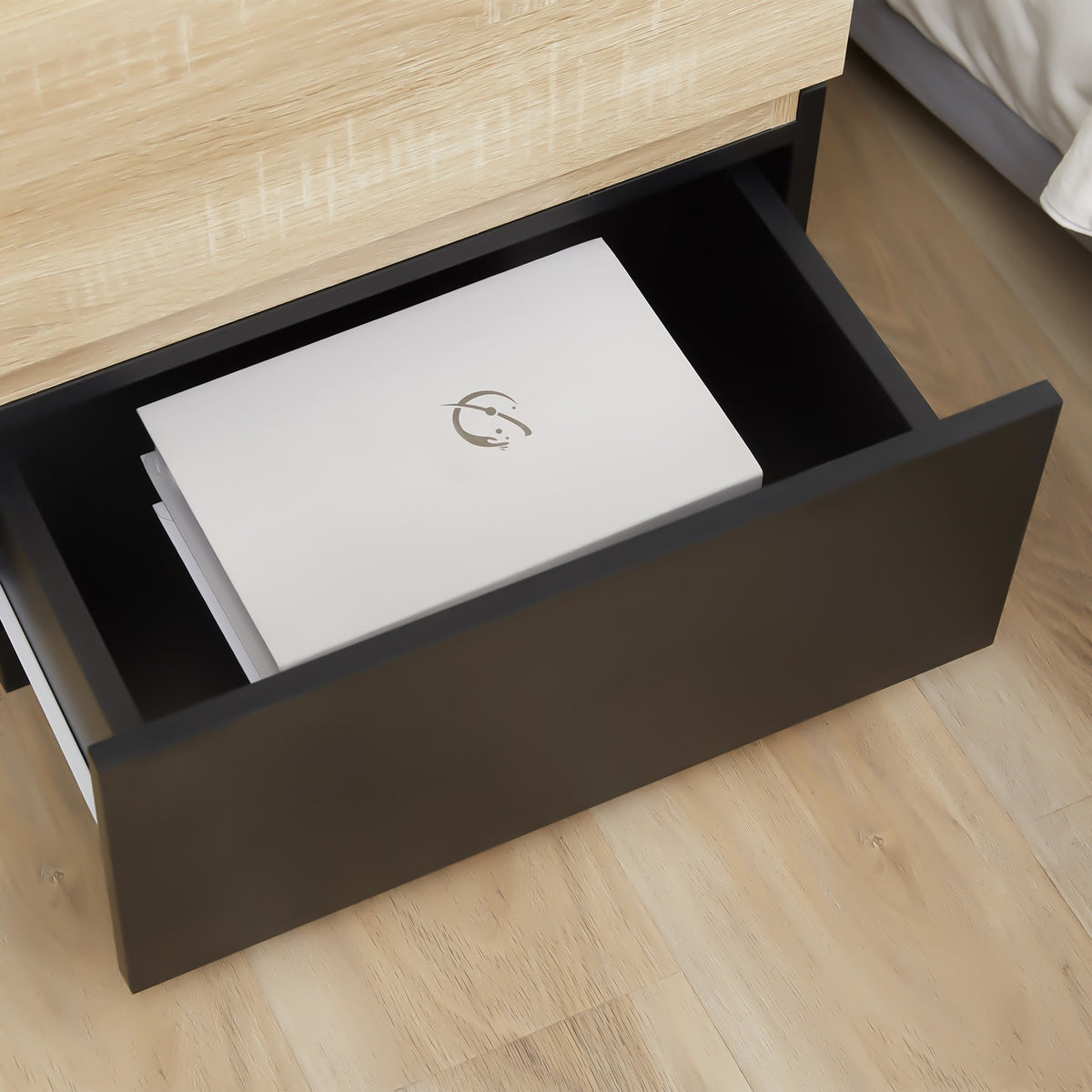 Bedside table with drawer, stackable nightstand, drawer cabinet, bedroom nightstand, chipboard, black + natural, 50 x 40 x 47.5 cm