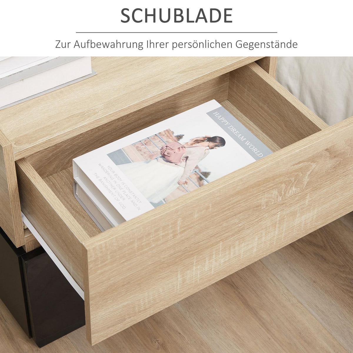 Bedside table with drawer, stackable nightstand, drawer cabinet, bedroom nightstand, chipboard, black + natural, 50 x 40 x 47.5 cm