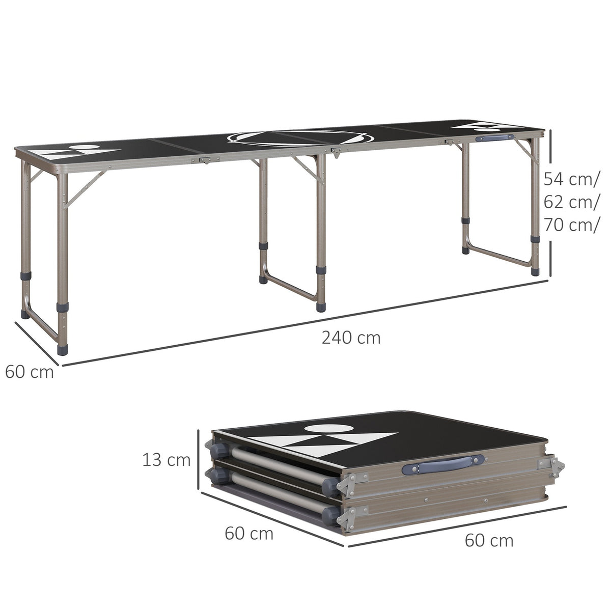 Beer Pong Table Folding Camping Table 240 X 60 Cm Folding Table Height Adjustable Travel Table For Garden, Balcony, Aluminum, Black
