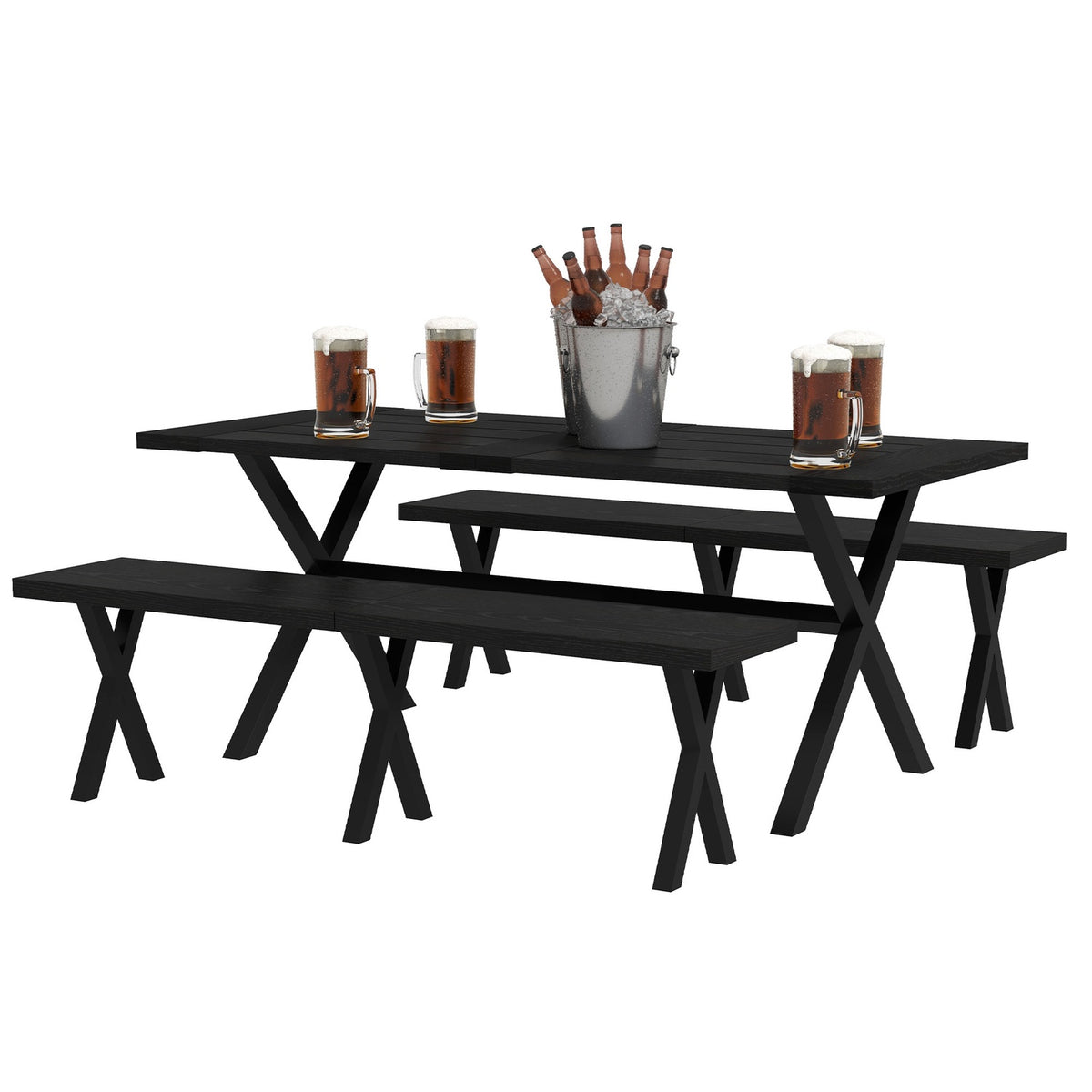 Beer Tent Set 3-Piece. Table 2 Benches Umbrella Hole Wood Look Terrace Balcony 180X80X73Cm Black