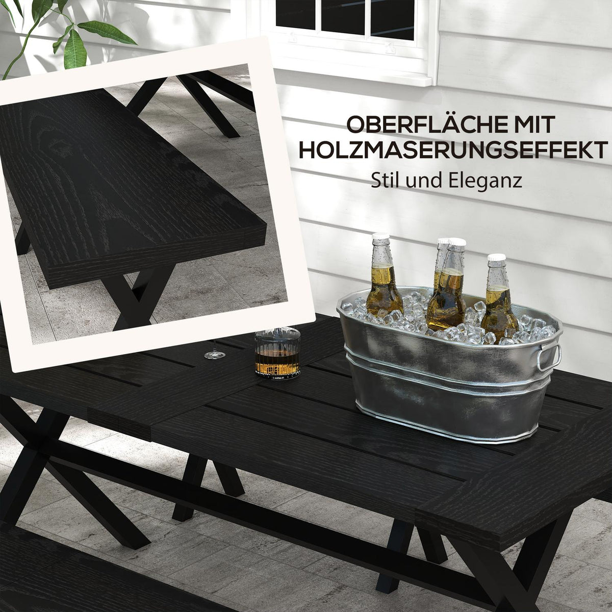 Beer Tent Set 3-Piece. Table 2 Benches Umbrella Hole Wood Look Terrace Balcony 180X80X73Cm Black