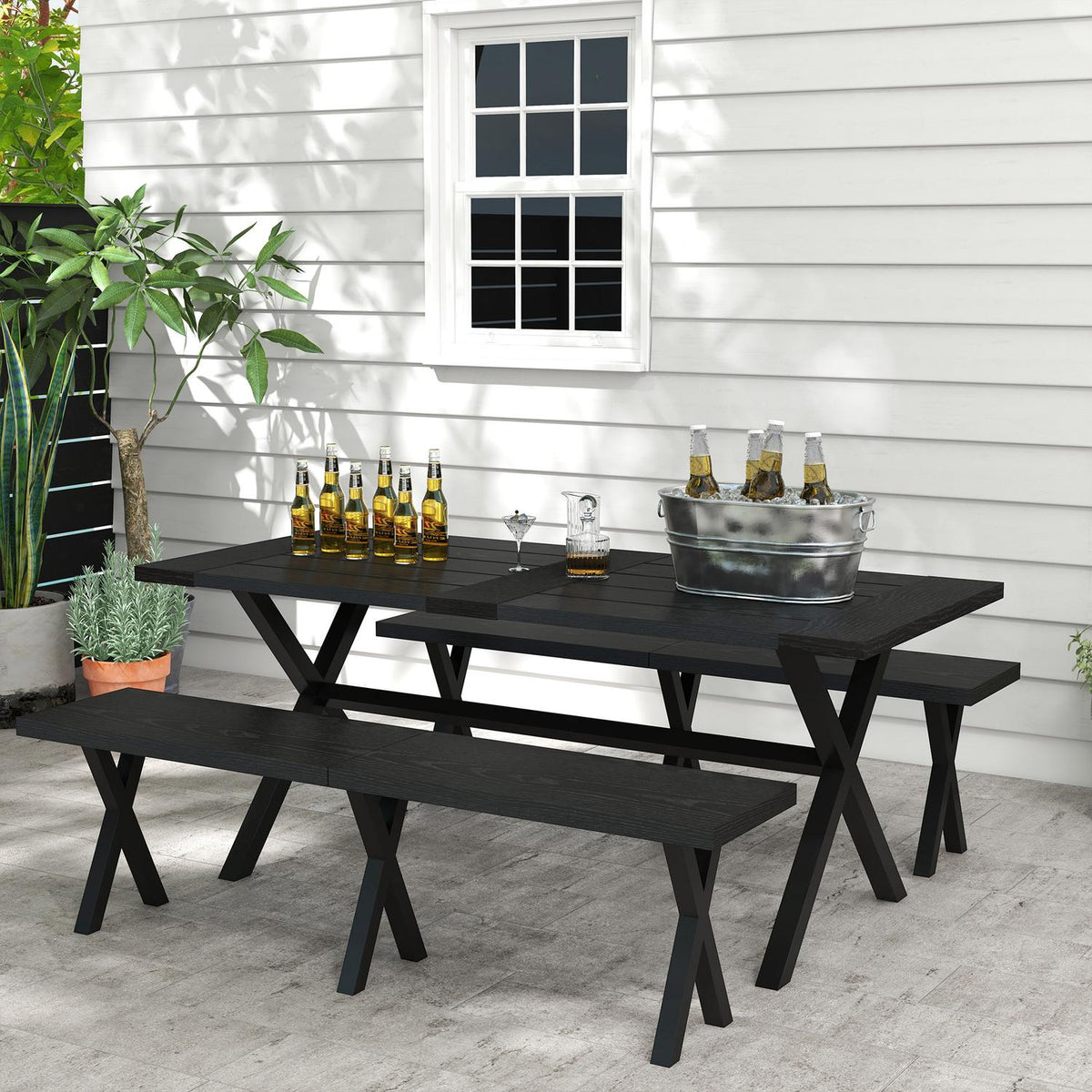 Beer Tent Set 3-Piece. Table 2 Benches Umbrella Hole Wood Look Terrace Balcony 180X80X73Cm Black