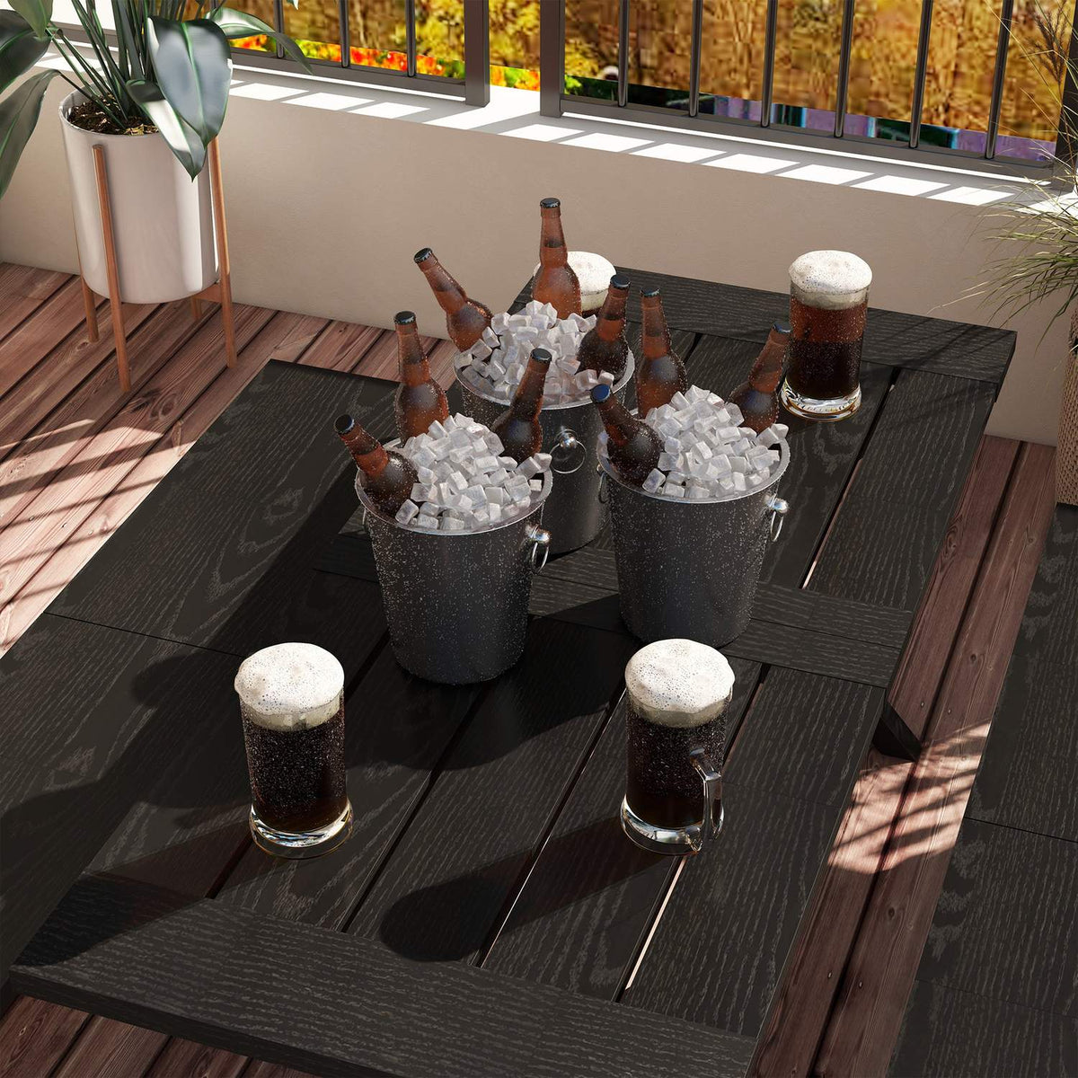 Beer Tent Set 3-Piece. Table 2 Benches Umbrella Hole Wood Look Terrace Balcony 180X80X73Cm Black